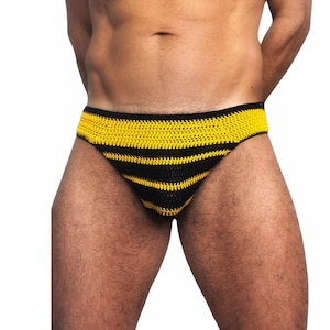 May include: Black and yellow striped crocheted underwear.