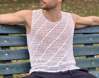 Fishnet mens tank top, Handmade mens sleeveless t shirt, crochet summer mens tank top