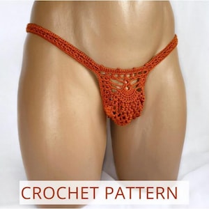 May include: An orange crochet thong with a decorative front panel. The thong is made of a textured yarn and features a delicate, openwork design. The text "CROCHET PATTERN" is displayed at the bottom of the image.