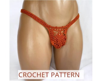 Könnte beinhalten: Ein orangefarbener Häkel-String mit dekorativer Frontpartie. Der String ist aus einem strukturierten Garn gefertigt und weist ein filigranes, offenes Design auf. Der Text "CROCHET PATTERN" wird am unteren Bildrand angezeigt.