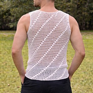 Crochet mens tank top, Handmade mens sleeveless t shirt, fishnet summer mens tank top, sheer tshirt image 2