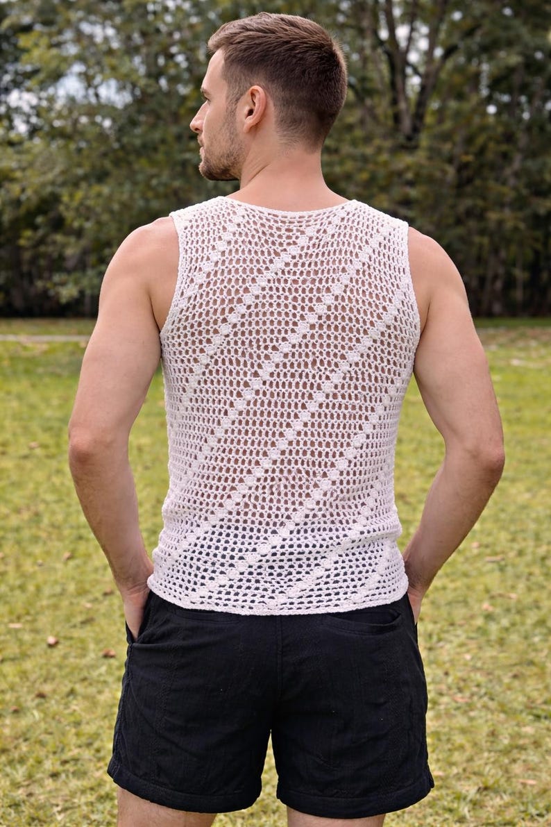 Crochet mens tank top, Handmade mens sleeveless t shirt, fishnet summer mens tank top, sheer tshirt image 2