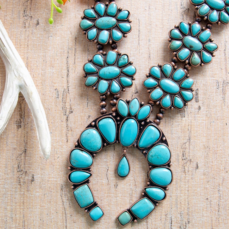 Turquoise Stone Squash Blossom Pendant Necklace Copper Etsy