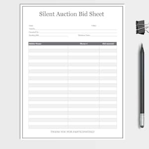 Silent Auction Bid Sheet: Editable Printable Form (PDF)