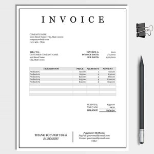 May include: Black and white invoice template with the words "INVOICE" at the top. The invoice includes a table with the headings "Description", "Price", "Quantity", and "Amount". The invoice also includes the text "THANK YOU FOR YOUR BUSINESS!" and "Payment Methods:" with contact information for PayPal and Venmo.
