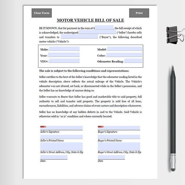 Motor Vehicle Bill of Sale | Digital Download and Print| 8.5”x11” | Fillable PDF Form | Car Sale | Automobile Record | Instant Download