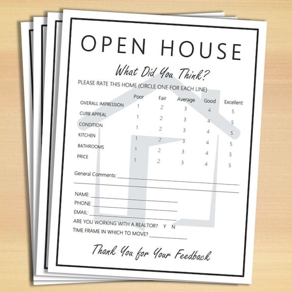 Printable Residential Real Estate Open House Feedback Form, Printable Form, PDF, Realtor Marketing Form, Instant Download Form