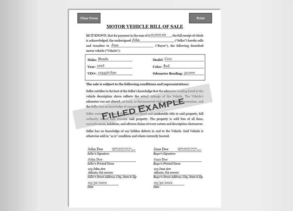 motor vehicle bill of sale digital download and print etsy