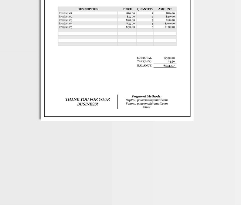 May include: A black and white receipt with a list of products, prices, quantities, and amounts. The total amount is $374.50. The receipt also includes payment methods: PayPal, Venmo, and Other.