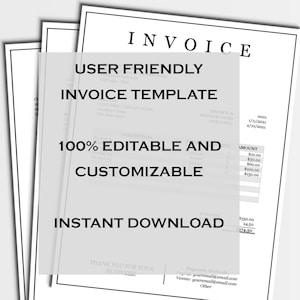 May include: A black and white image of a user-friendly invoice template that is 100% editable and customizable. The template includes fields for invoice number, date, due date, description, quantity, and amount. The text "Instant Download" is also included in the image.