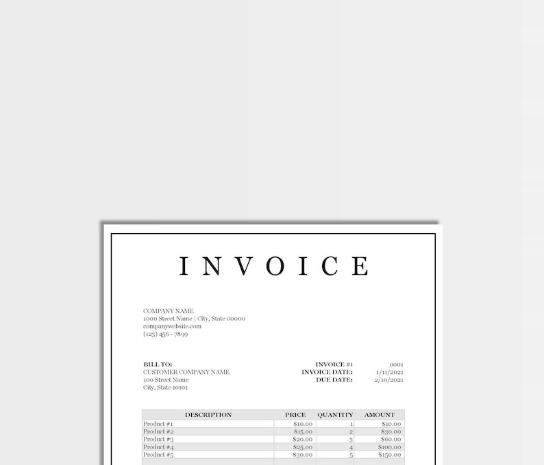 May include: A black and white invoice with the title "INVOICE" at the top. The invoice includes the company name, address, phone number, bill to information, invoice number, invoice date, due date, description, price, quantity, and amount.