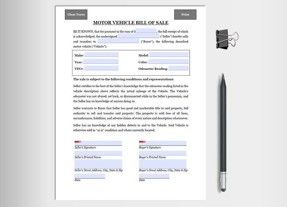 Motor Vehicle Bill of Sale | Digital Download and Print| 8.5”x11” | Fillable PDF Form | Car Sale | Automobile Record | Instant Download
