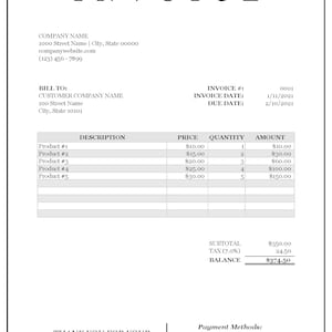 May include: Black and white invoice with the title "INVOICE" at the top. The invoice lists the company name, address, phone number, and website. It also lists the customer name, address, invoice number, invoice date, due date, description, price, quantity, amount, subtotal, tax, and balance. The invoice also includes payment methods, such as PayPal and Venmo.