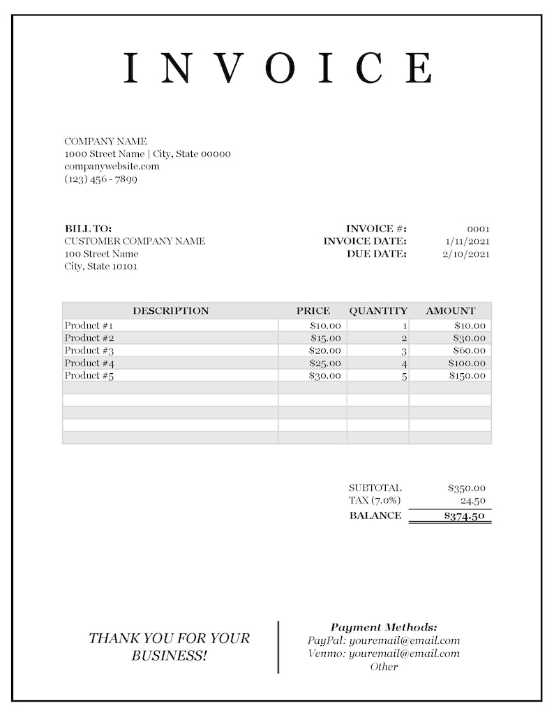 May include: Black and white invoice with the title "INVOICE" at the top. The invoice lists the company name, address, phone number, and website. It also lists the customer name, address, invoice number, invoice date, due date, description, price, quantity, amount, subtotal, tax, and balance. The invoice also includes payment methods, such as PayPal and Venmo.