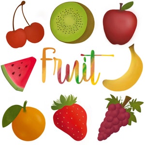 Clipart de frutas, fruta prediseñada, cereza, fresa, manzana, plátano, naranja, uva, sandía, kiwi, descargar PNG