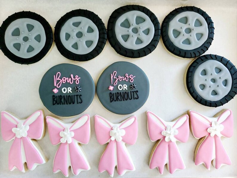 Baby gender reveal party sugar cookies Bows or Burnouts Etsy