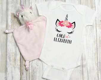 Personalized Unicorn Baby Gift Set, Cotton Bodysuit, Velour Lovey