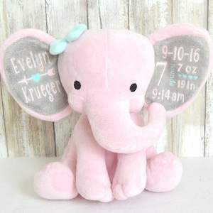 Baby Girl Birth Stat Elephant, Birth Announcement Elephant, Monogrammed Elephant, Personalized Elephant, Newborn Gift Keepsake Elephant