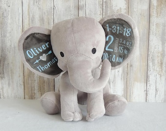 Personalized Baby Boy Elephant Gift: Birth Stats, Monogrammed Plush with Blanket