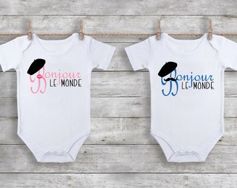 Bonjour le Monde Baby Bodysuit, French Gender Reveal Shirt