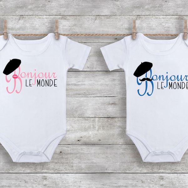 French Baby Bodysuit, Bonjour le Monde, Hello World Shirt, Baby Shower Gift, Gender Reveal Shirt, Birth Announcement Shirt, Take Home Outfit