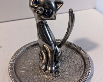 Silver ring holder blue rhinestone eyes CAT