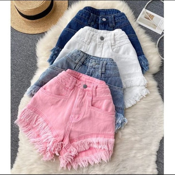 Short en jean d'été l Rose blanc bleu l franges à pampilles Casual Destroy Wash effiloché l Denim taille haute l Festival Party Beach Viral Nouveau 2024