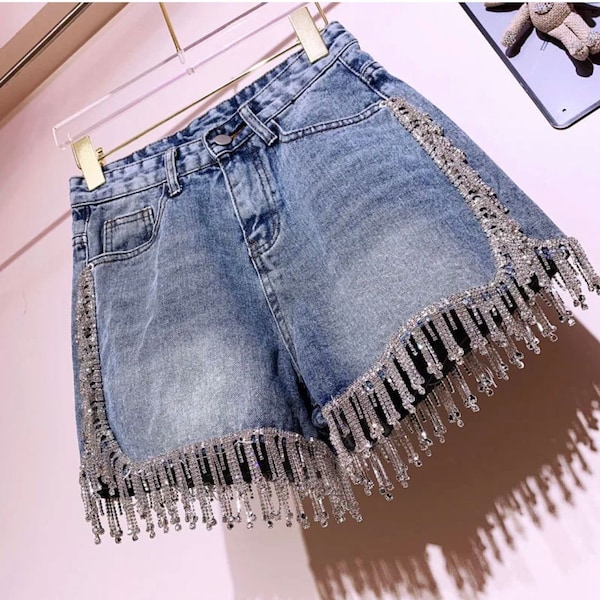 Summer Women Denim Rhinestone Tassel High Waisted Shorts l Casual Club Festival Party Beach Concert l Diamonds Hot Sale l Trendy Fashion l