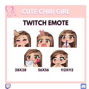 Brown hair brown eyes girl |  Cute Chibi girl 5 twitch emotes pack | twitch chibi girl emotes