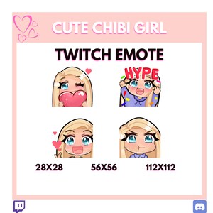 Cute Chibi fille 4 émotes twitch pack | Fille blonde d’yeux bleus de cheveu