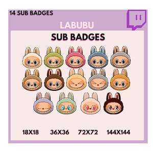 Labubu Sub Badges | Twitch & Kick Sub Badges | Bit Badges | Premade Cute Badge Set | 14 Chibi Emotes for Streamers