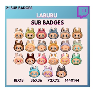 Labubu Sub Badges | Twitch & Kick Sub Badges | Bit Badges | Premade Cute Badge Set | 21 Chibi Emotes for Streamers