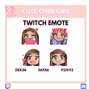 Lindo Chibi chica 4 twitch emotes pack / cabello marrón ojos verdes chica /