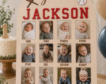 Rookie of the Year Birthday Board| My First Year Photo Board | 1st Birthday Wooden Board | Monthly Milestone Photo Prop | Baseball Birthday