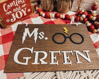 Letrero personalizado para puerta de maestro mago: madera de nogal, decoración 3D