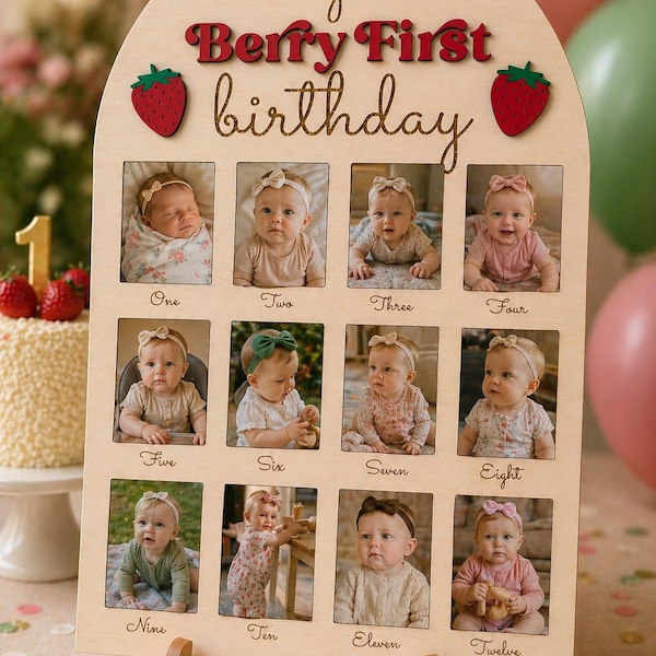 Strawberry First Birthday Photo Board: Monthly Milestone, Baltic Birch Wood