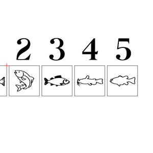 Puede incluir: Una ilustraci&oacute;n en blanco y negro de cinco tipos diferentes de peces. Los peces est&aacute;n numerados del 1 al 5.