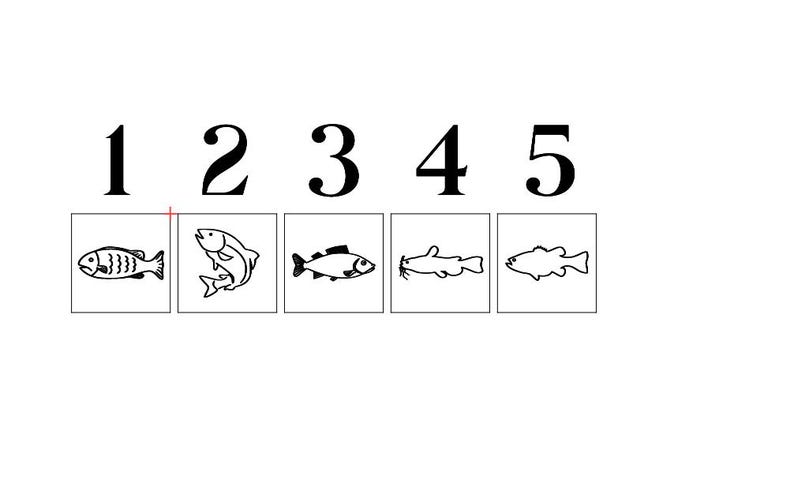 Puede incluir: Una ilustraci&oacute;n en blanco y negro de cinco tipos diferentes de peces. Los peces est&aacute;n numerados del 1 al 5.