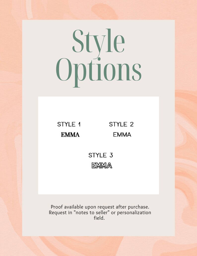 Puede incluir: Un gr&aacute;fico que muestra tres estilos diferentes para un nombre personalizado. El nombre "EMMA" se muestra en cada estilo. El texto "Style Options" est&aacute; en la parte superior del gr&aacute;fico.