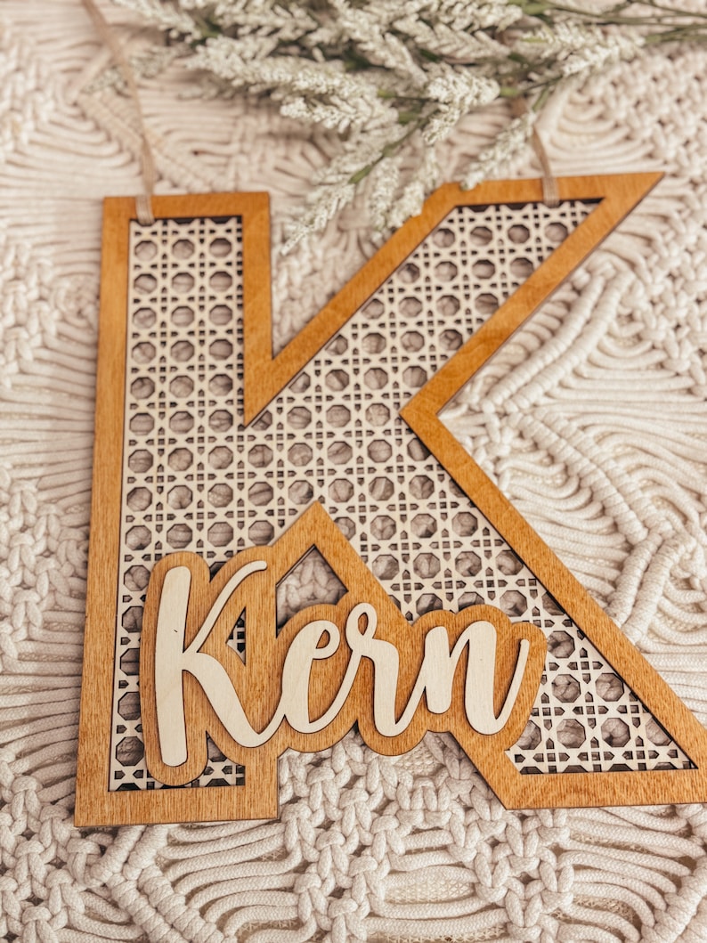 Boho Initial Family Rattan Name Sign Personalized Family Name Sign Wedding Gift 2024 Housewarming Boho Family Decor New House Sign image 2