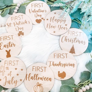 First Holiday Wooden Baby Milestone Disc Set (FOUR double sided discs)