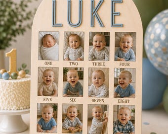 Personalized First Birthday Photo Board | Baltic Birch Wood, Milestone Keepsake
