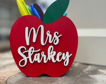 Personalized Teacher Apple Pencil Holder: Baltic Birch Wood Desk Organizer