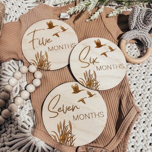 May include: Three wooden baby milestone discs with a rustic design. The discs feature the words "Five Months", "Six Months", and "Seven Months" with a stylised font and a design of flying geese and tall grass.