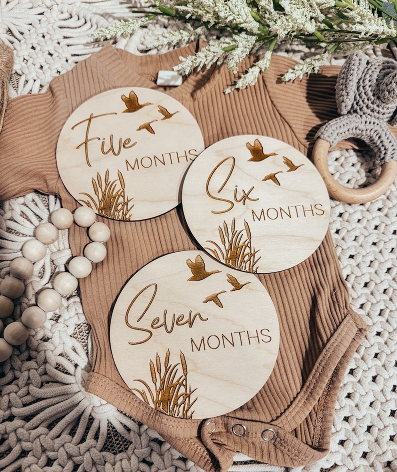 May include: Three wooden baby milestone discs with a rustic design. The discs feature the words "Five Months", "Six Months", and "Seven Months" with a stylised font and a design of flying geese and tall grass.