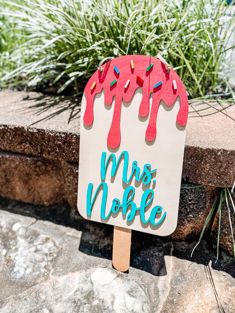 Personalized Teacher Ice Cream Drip Sign: Baltic Birch Wood Door Hanger ...