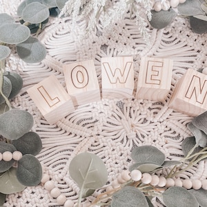 Puede incluir: Bloques de madera que deletrean el nombre "OWEN" en may&uacute;sculas. Los bloques est&aacute;n dispuestos en l&iacute;nea sobre una superficie de crochet blanco con ramas verdes y cuentas blancas.