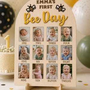 Happy Bee Day First Birthday Photo Board: Baltic Birch Milestone Prop