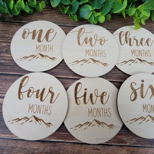 Personalized Baby Milestone Discs: Engraved Baltic Birch, Mountain Design