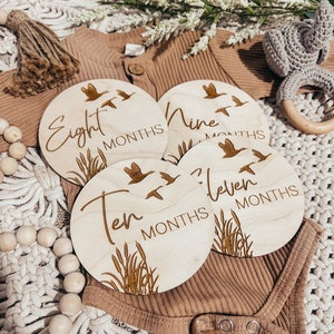 May include: Four wooden baby milestone discs with a rustic brown finish. Each disc features a different month number, the word "months", and a design of flying geese and tall grass. The numbers are eight, nine, ten, and eleven.